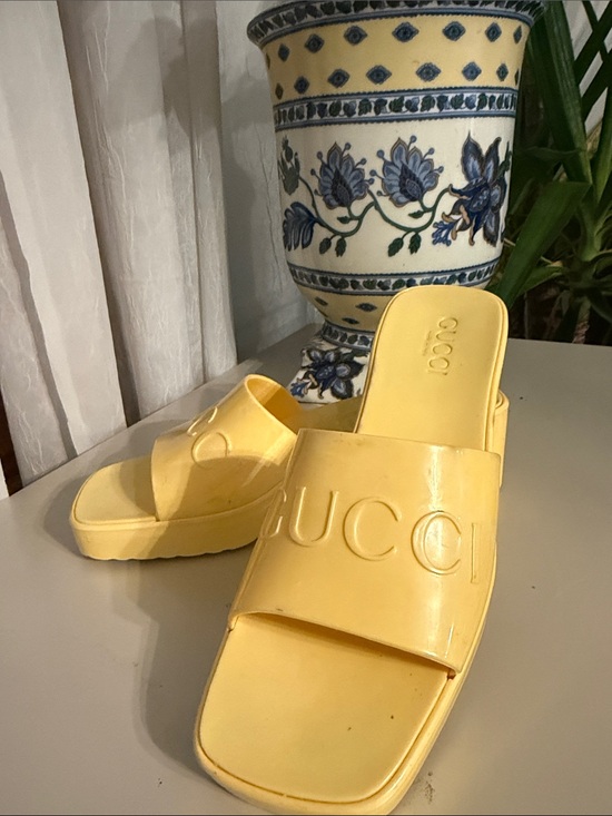 Gucci Shoes - Gucci Yellow Patent Logo Slide Sandals 37 size